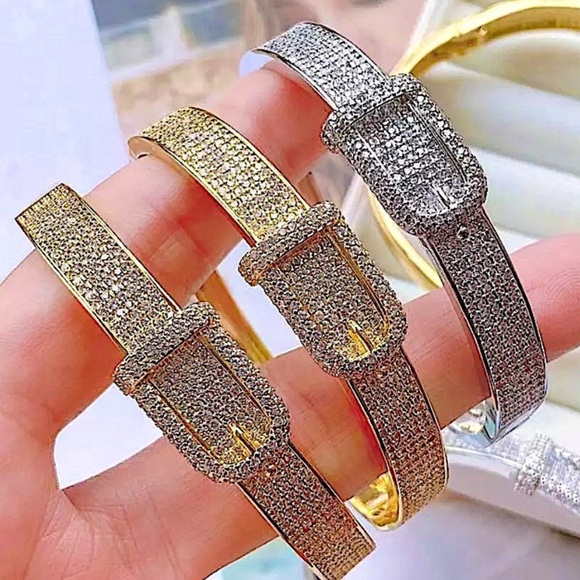 Buckle Design 18K Gold Plated Crystal Bangle Bracelet - Picture 1 of 6